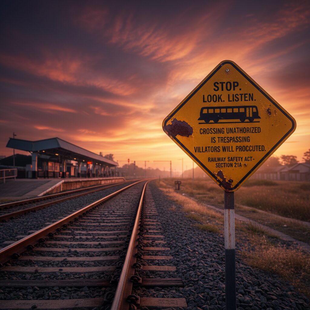 線路脇に置かれた警告看板と遠くに見える駅のホームの風景