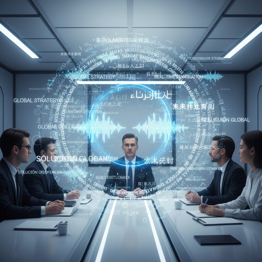 Microsoft Teamsの会議画面にリアルタイムで翻訳字幕と音声波形が表示されているサイバーでプロフェッショナルなイメージ