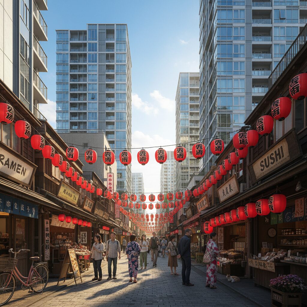 東十条駅近くの活気ある商店街と近代的なマンションが並ぶ風景