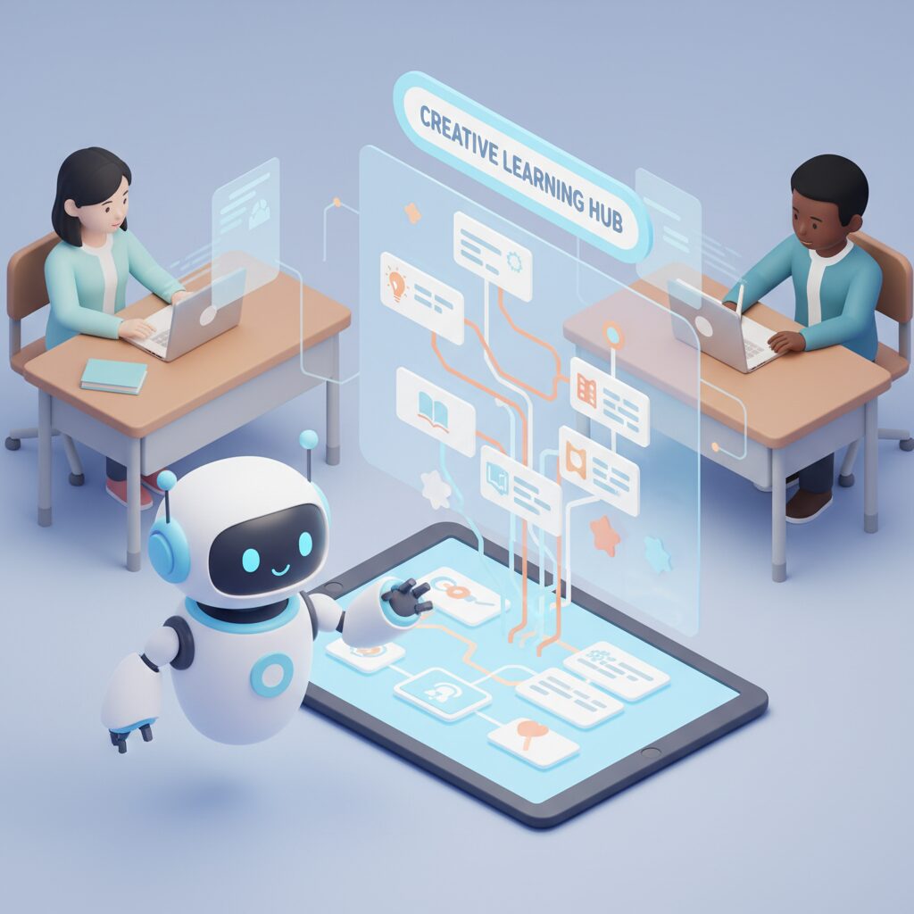 教育現場で活用されるデジタル学習ツールとタブレット端末のイメージ図