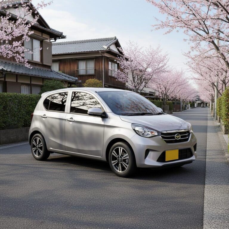 住宅街に停車するシルバーのダイハツ・ミライースのスタイリッシュな外観