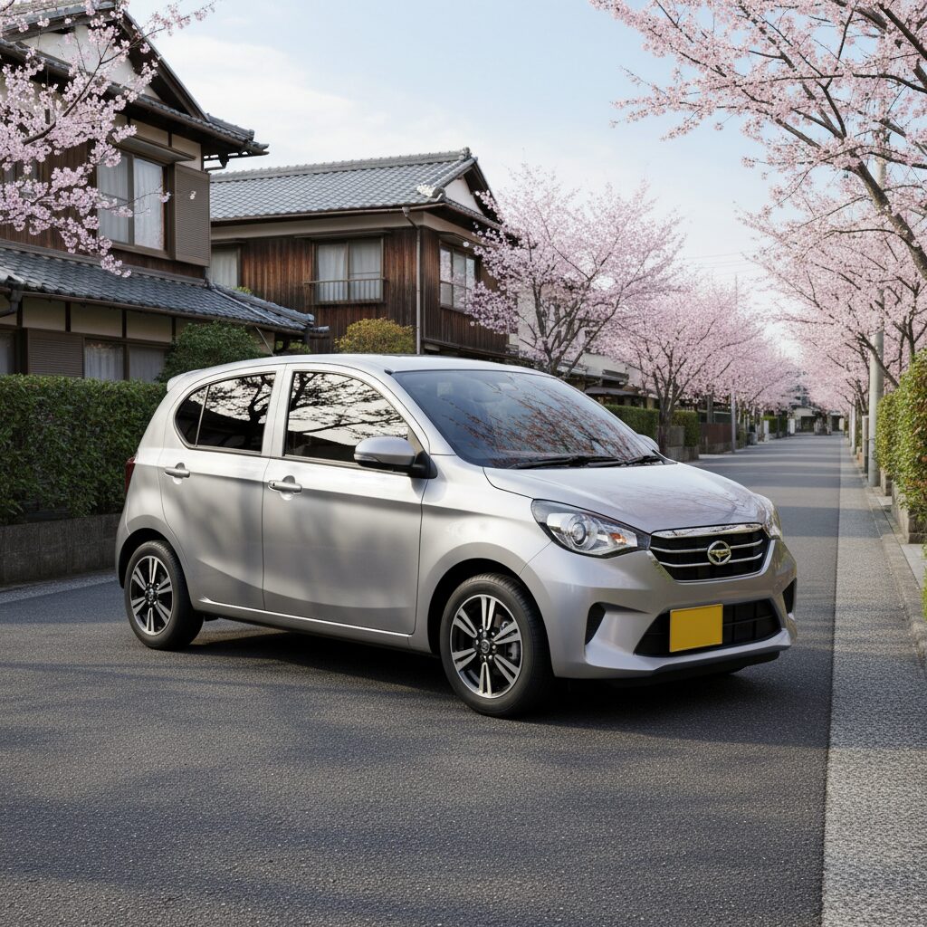 住宅街に停車するシルバーのダイハツ・ミライースのスタイリッシュな外観