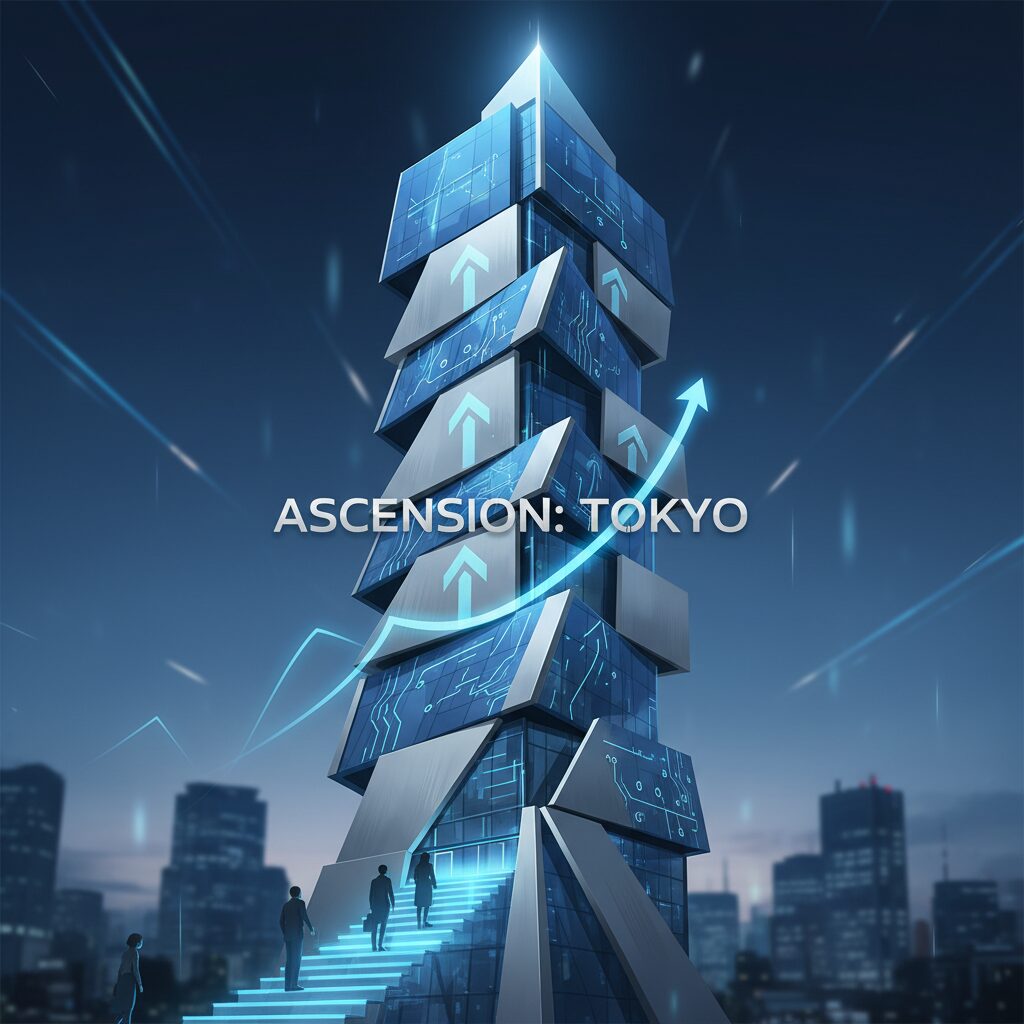 三菱商事の本社ビルをイメージした東京・丸の内のビジネス街の風景、成功とキャリアを象徴するシャープなデザイン