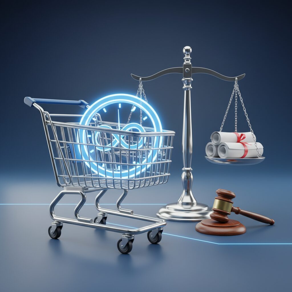 納期遅延を象徴する時計とショッピングカート、そして法律の天秤が描かれたグラフィックイラスト。クリーンでプロフェッショナルな雰囲気。