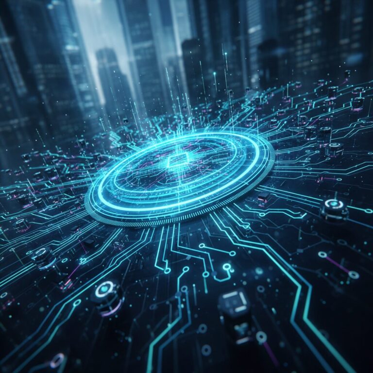 Cybersecurity protection conceptual image with a shield and digital network nodes.
