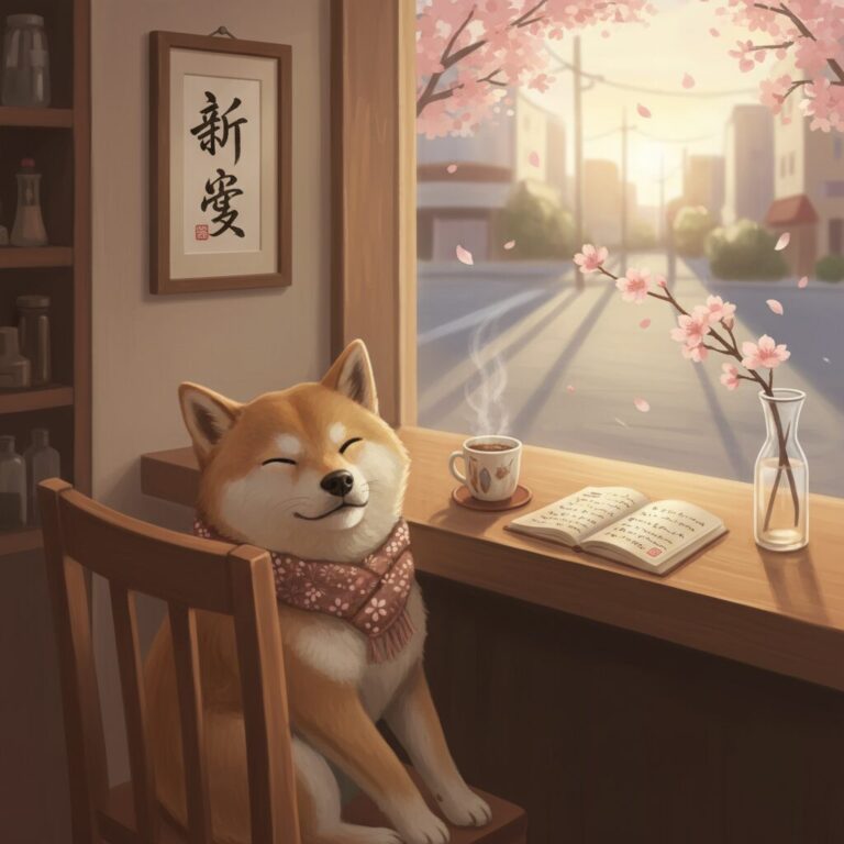 大阪の落ち着いたバーの店内に座る柴犬と温かい光が差し込む風景