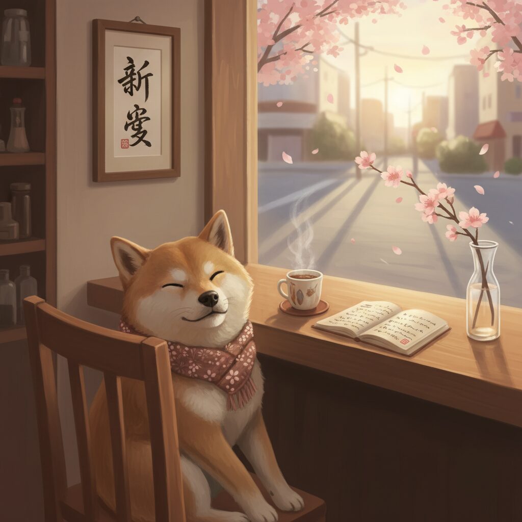 大阪の落ち着いたバーの店内に座る柴犬と温かい光が差し込む風景