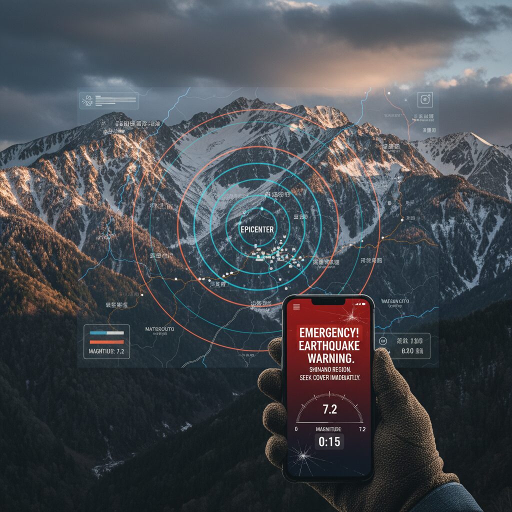 長野県北部で発生した地震の震度分布とスマートフォンに表示された緊急地震速報のイメージ図