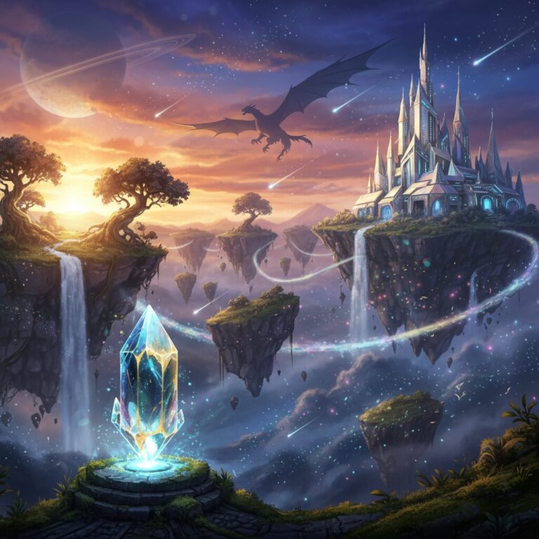 ファンタジー世界の城と魔法のクリスタルが輝く風景