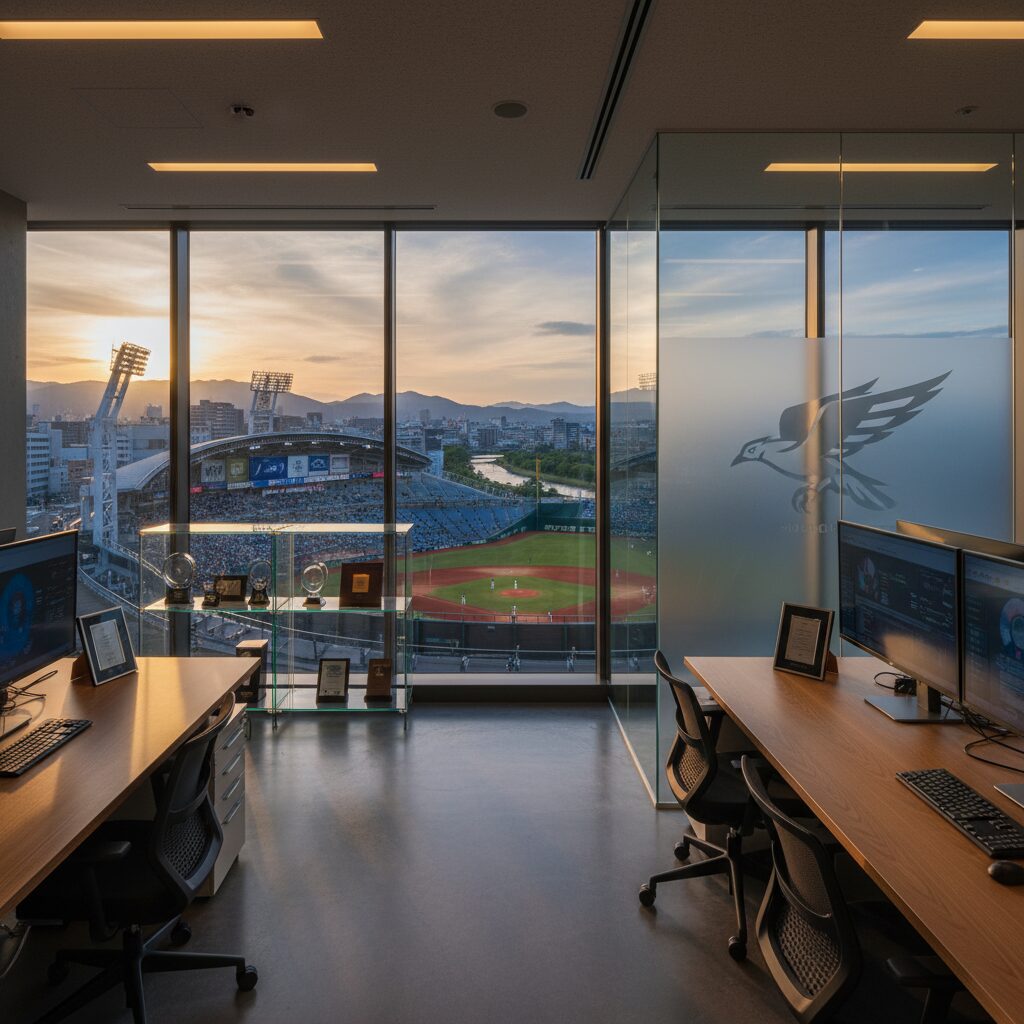 オイシックス新潟アルビレックスBCの球団事務所とスタジアムをイメージした、プロフェッショナルなキャリアとスポーツの情熱が融合するビジュアル