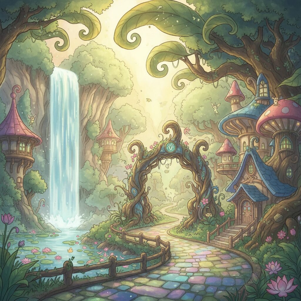 ジブリパークのファンタジーな世界観をイメージした緑豊かな公園のイラスト