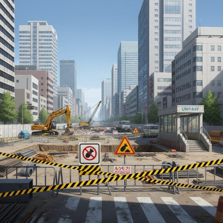 名古屋市の中心街で進められる不発弾処理作業をイメージしたイラスト。警戒区域の標識と都会の風景。