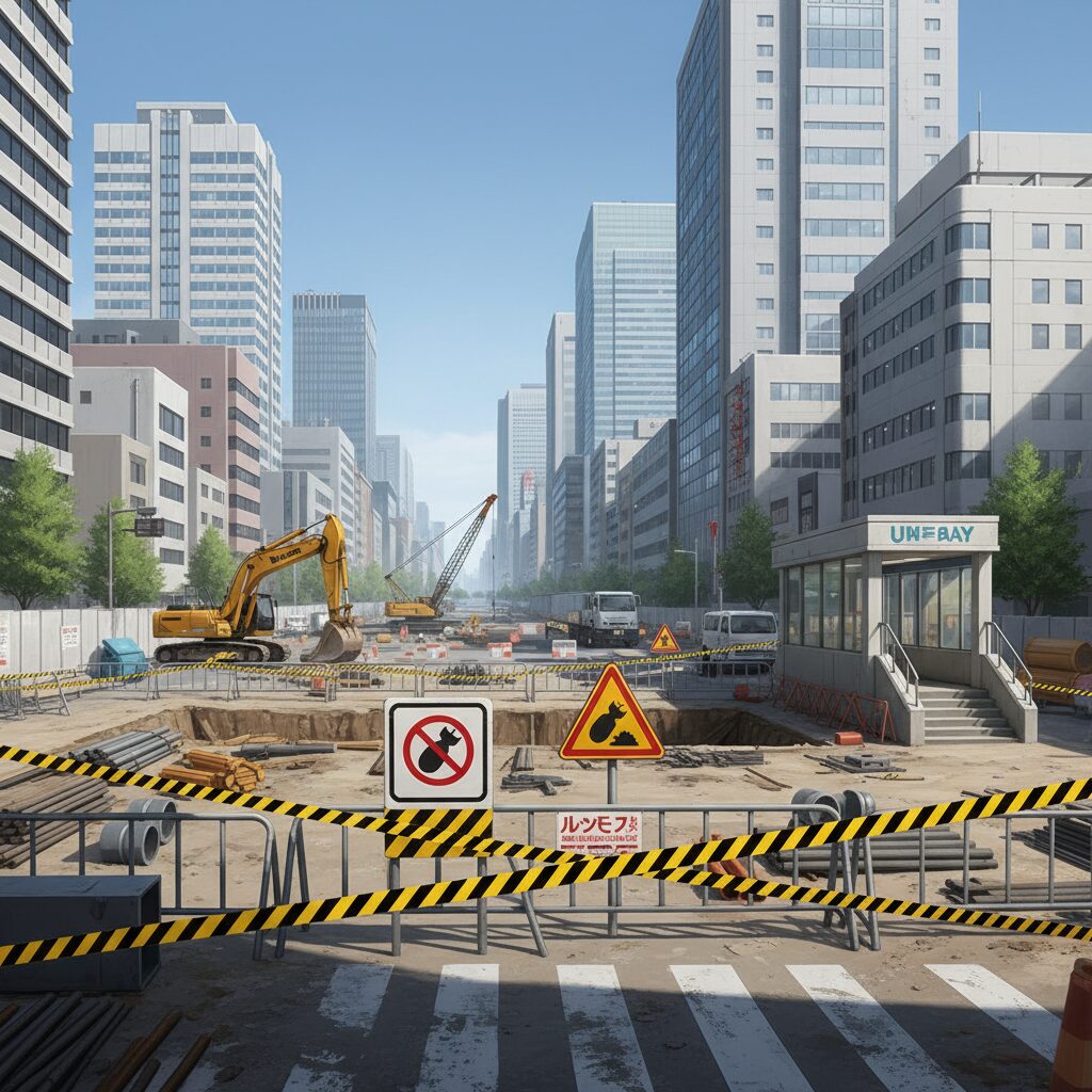 名古屋市の中心街で進められる不発弾処理作業をイメージしたイラスト。警戒区域の標識と都会の風景。