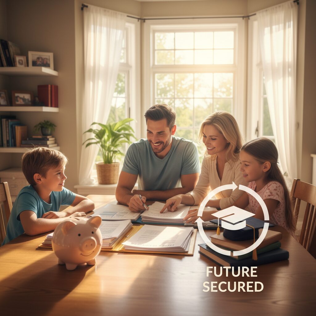 ソニー生命の学資保険をイメージした、貯金箱と教育資金計画のビジュアル