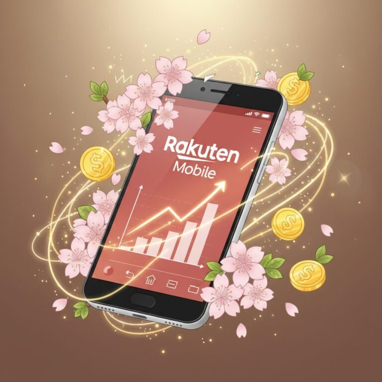 スマートフォンと金貨、桜が描かれた楽天グループ株主優待のイメージ図