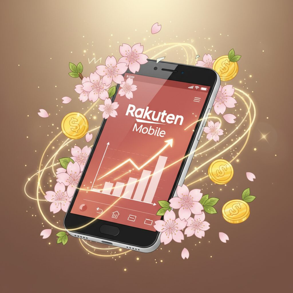 スマートフォンと金貨、桜が描かれた楽天グループ株主優待のイメージ図