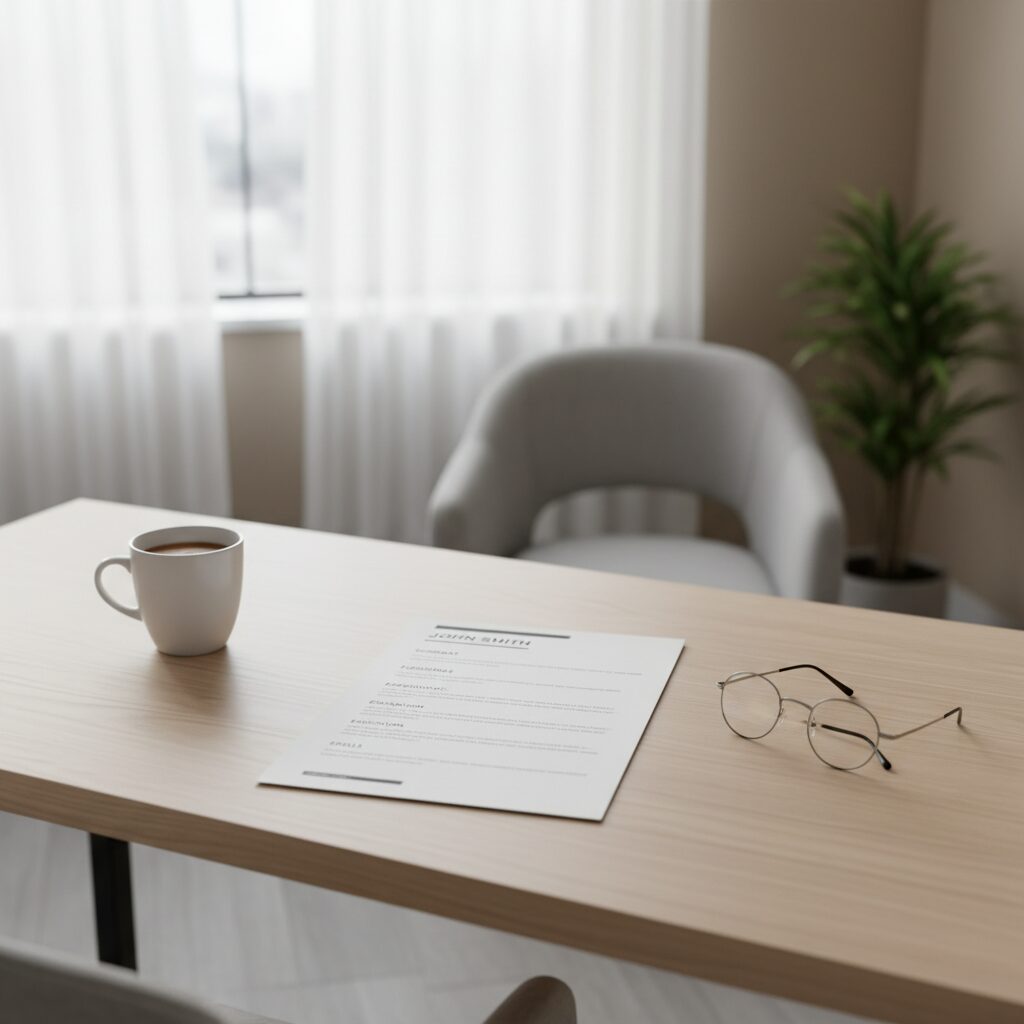デスクに置かれた清潔な履歴書と眼鏡、キャリア相談をイメージさせる落ち着いた雰囲気の画像
