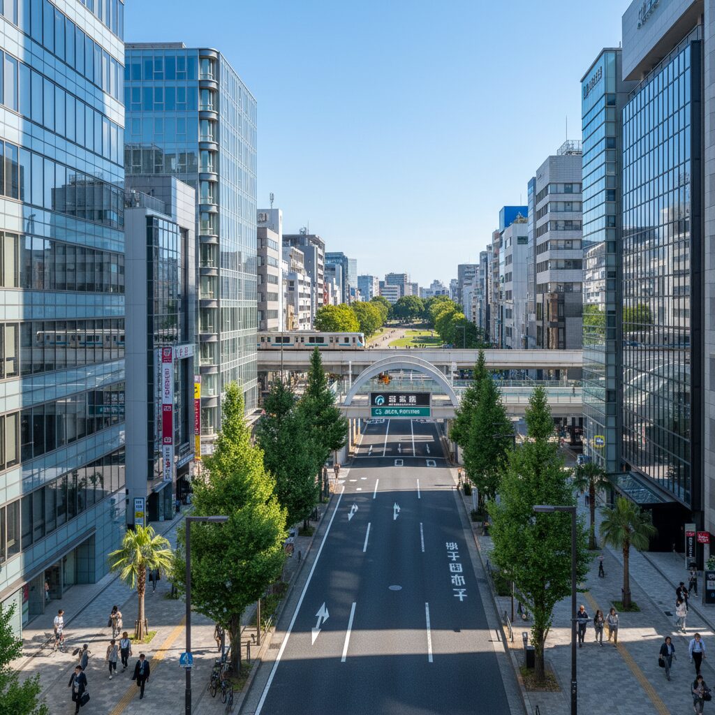 大阪府吹田市、江坂駅周辺の都会的なビル群と豊かな緑の風景