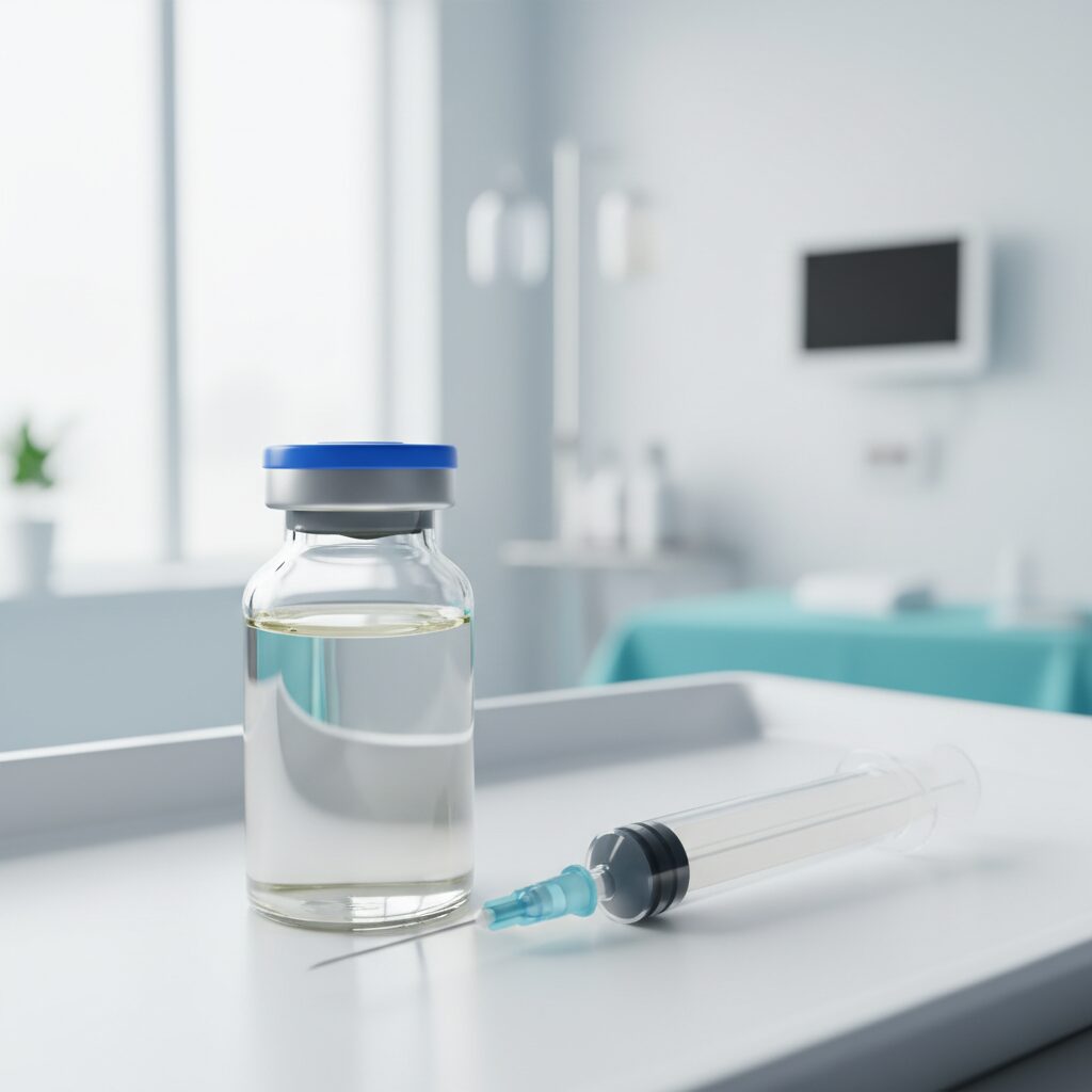 医療用ワクチンと注射器のイメージ画像。はしか（麻疹）予防接種の重要性を象徴しています。