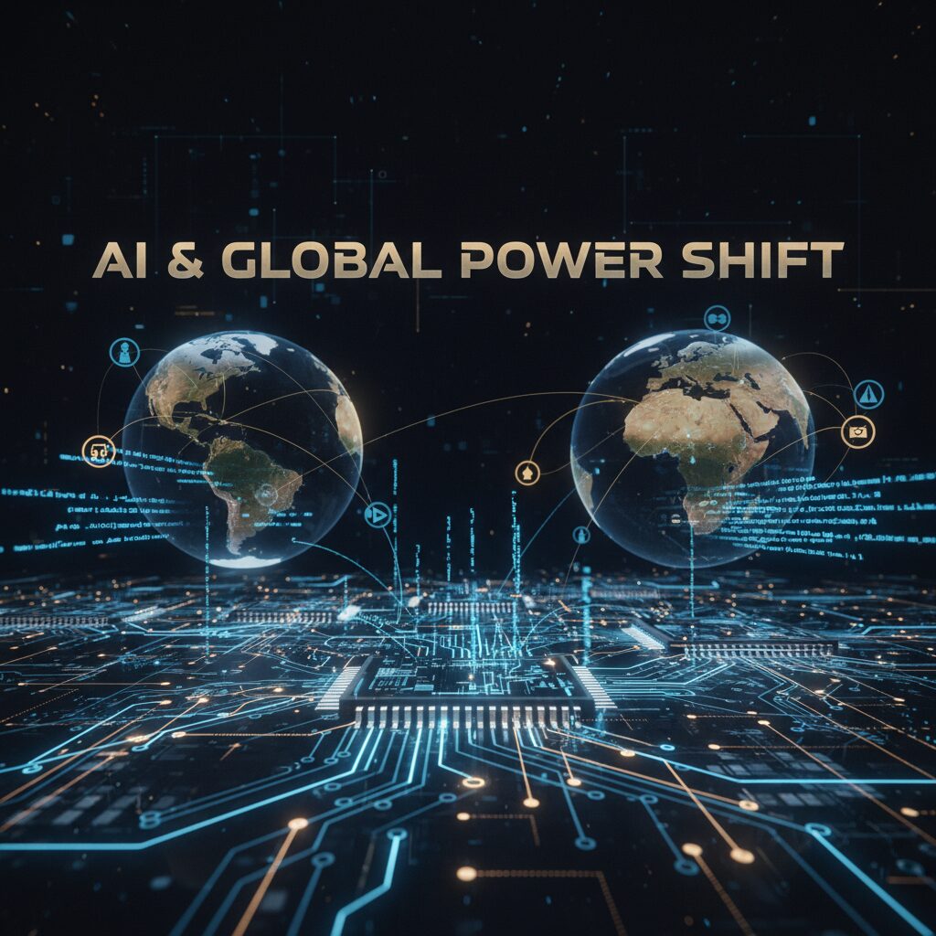 AI技術を象徴する回路と世界地図が融合したデジタルイメージ