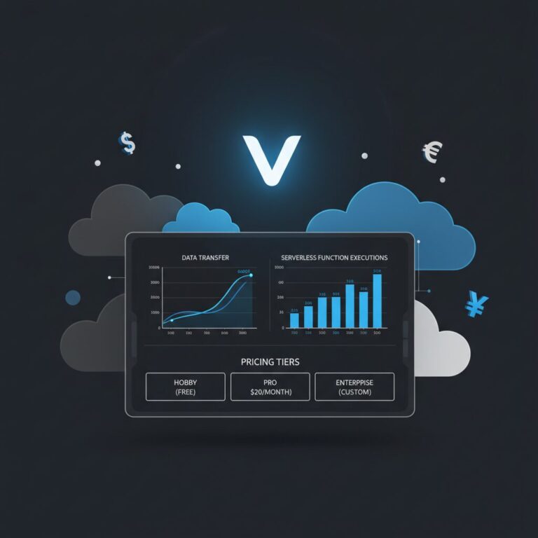 Vercelの料金プランを比較するグラフィカルなインフォグラフィック。モダンなITインフラのイメージ。