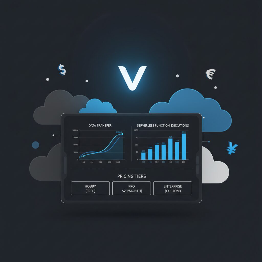 Vercelの料金プランを比較するグラフィカルなインフォグラフィック。モダンなITインフラのイメージ。