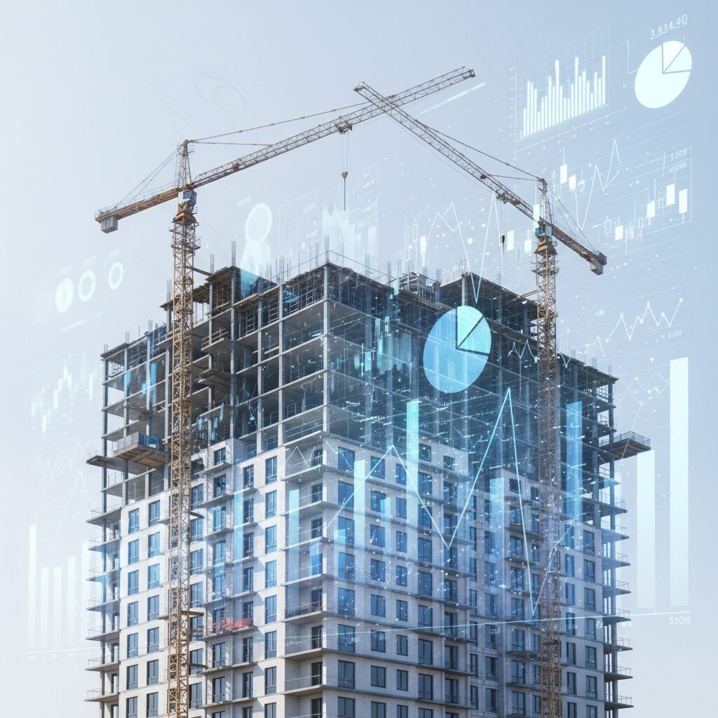 マンション建設の工事現場と設計図のイメージ画像