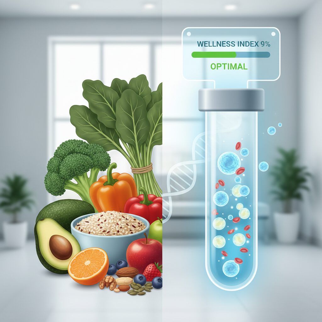 健康的な食材と血液検査をイメージしたクリーンなイラスト