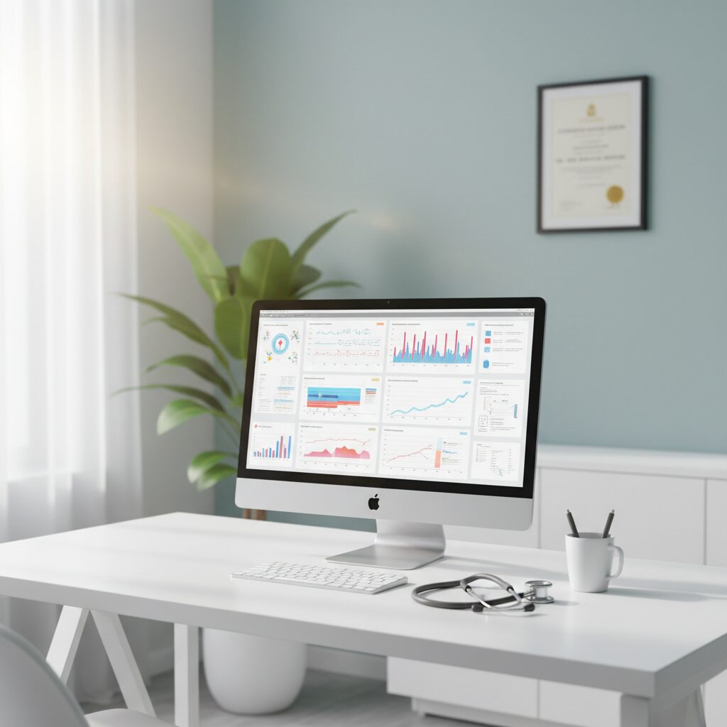 医療事務のデスクと資格のイメージ画像