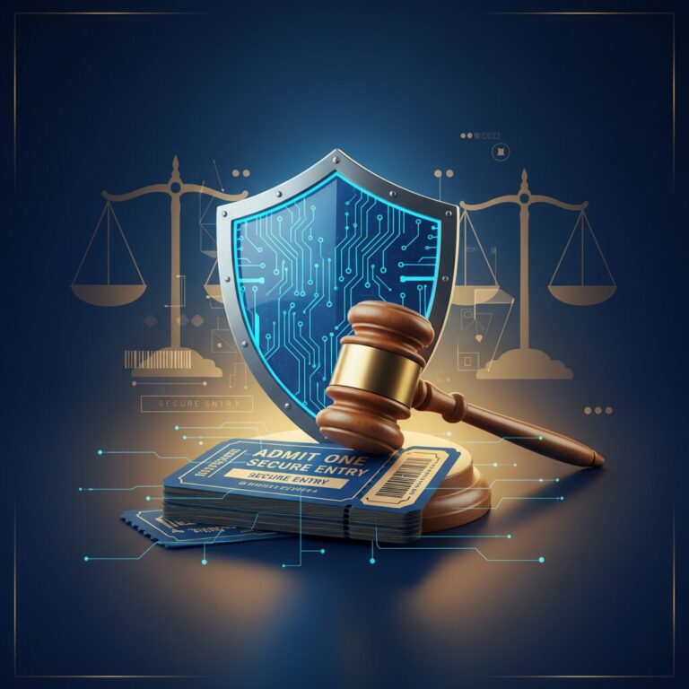 チケット不正転売禁止法を象徴する、裁判所の槌とデジタルチケット、盾のイメージ。法律による保護と規制を表現。