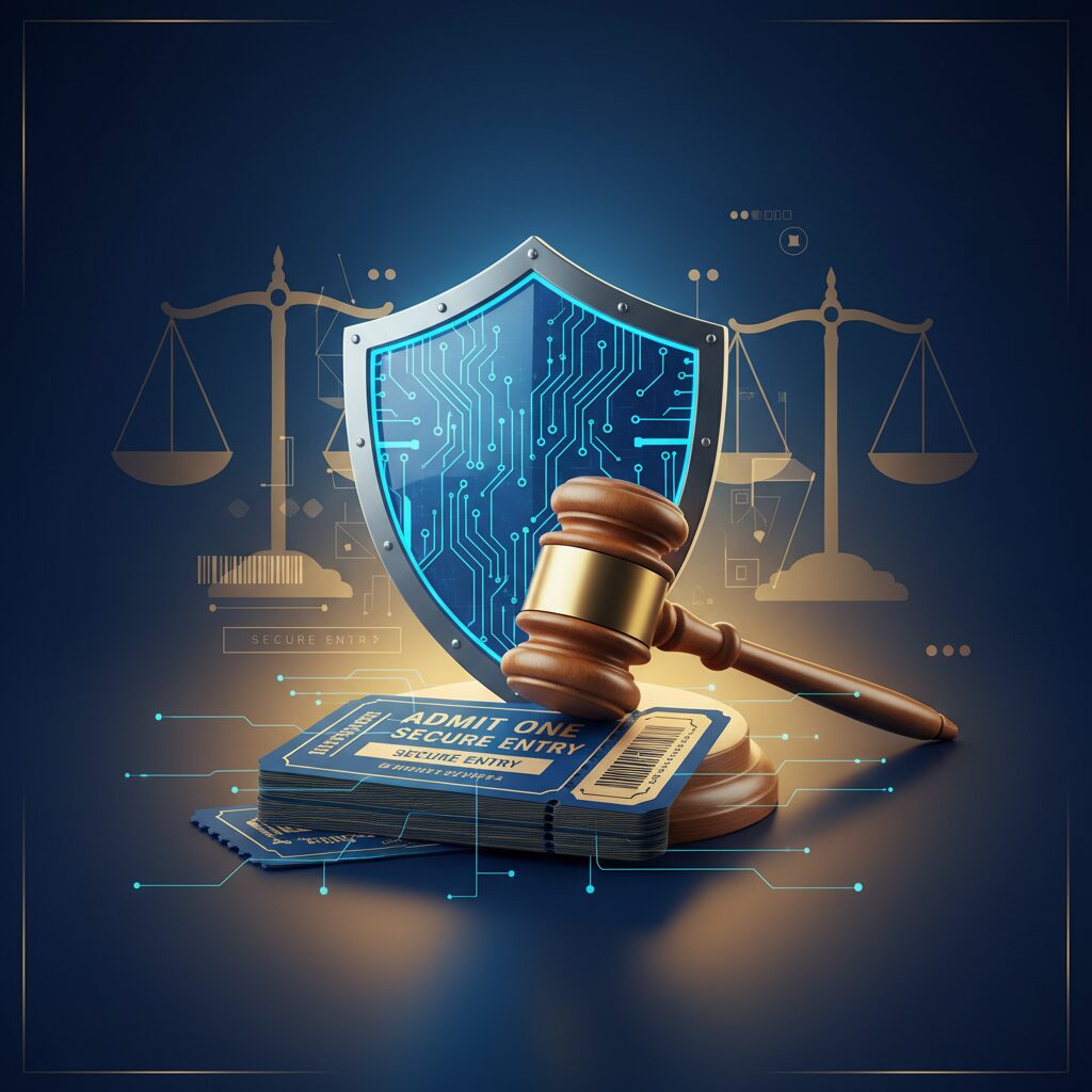 チケット不正転売禁止法を象徴する、裁判所の槌とデジタルチケット、盾のイメージ。法律による保護と規制を表現。