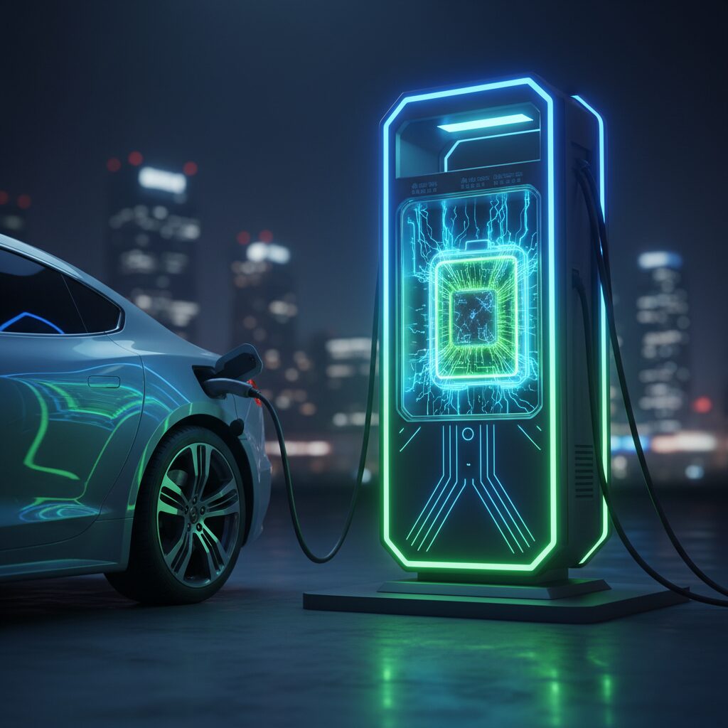 次世代の全固体電池と電気自動車の充電シーンをイメージした近未来的なイラスト