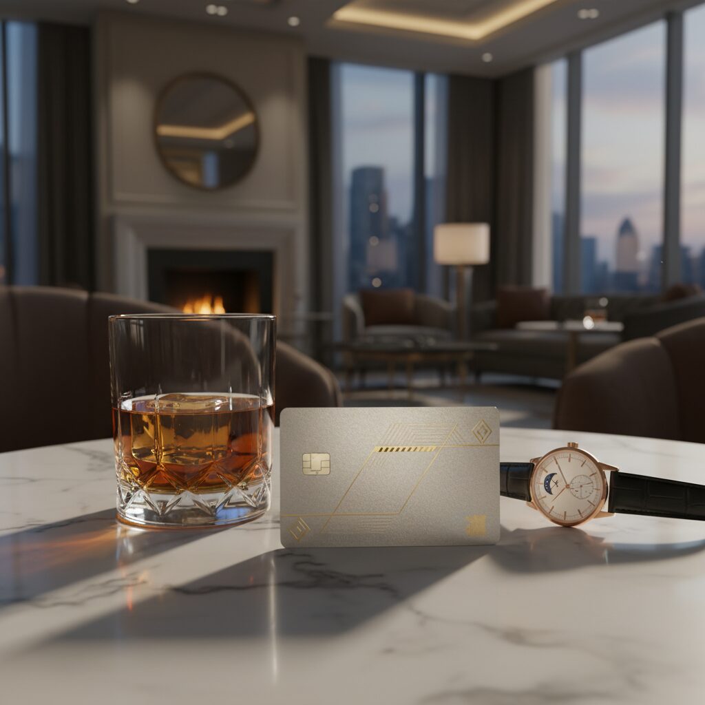 高級ホテルのラウンジでテーブルに置かれた金属製のラグジュアリーカードとクリスタルグラス、高級時計のイメージ