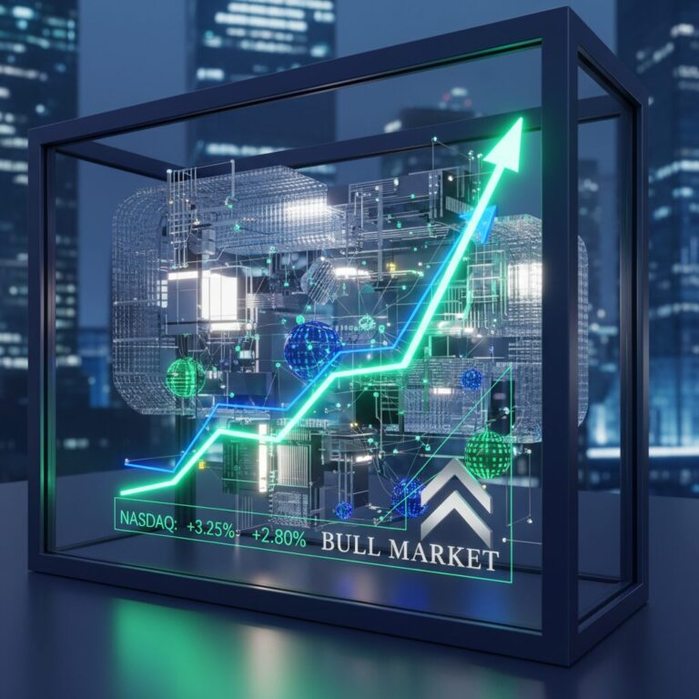 急上昇する株価グラフとハイテク繊維・ガラスクロスを象徴するデジタルイメージ