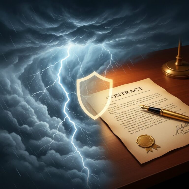 自然災害と法的な契約書を組み合わせた、不可抗力宣言を象徴するコンセプトイメージ