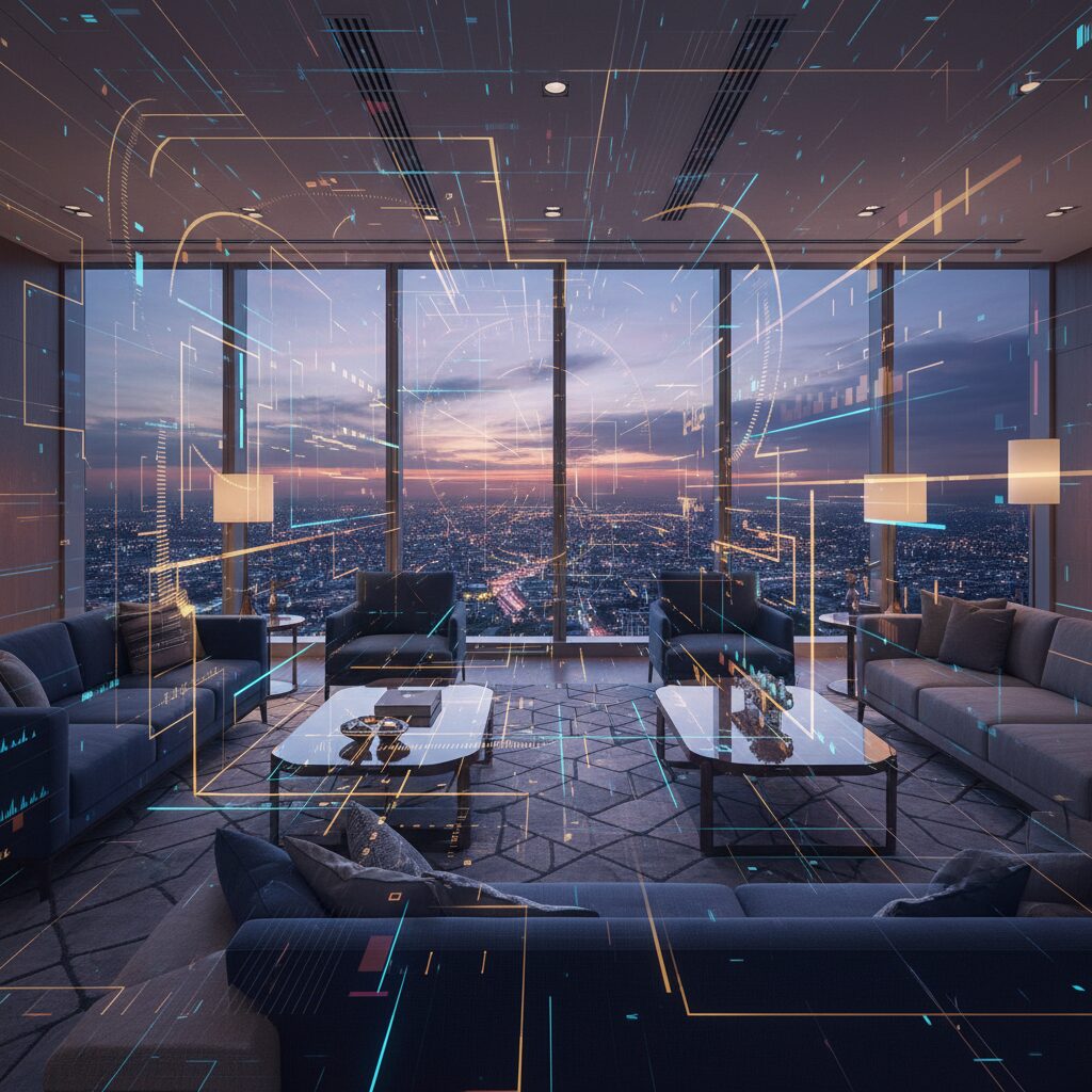 ベイカレント・コンサルティングの洗練されたオフィスイメージとデータ戦略の象徴