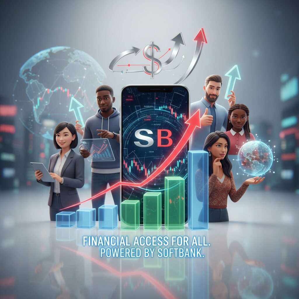 ソフトバンクのロゴと上昇する株価チャート、スマートフォンを操作する投資家のイメージ図