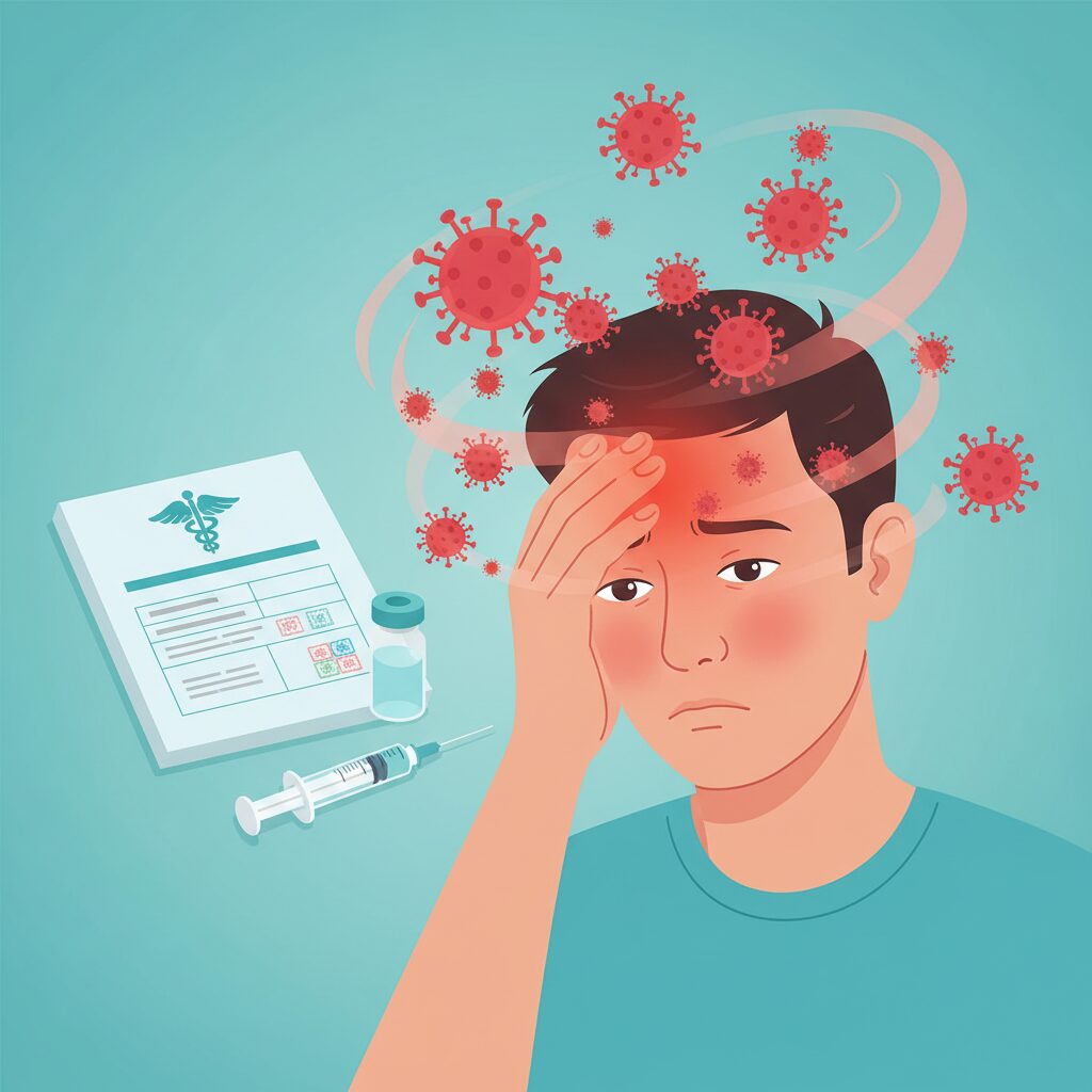 大人が高熱で苦しんでいる様子と、背後にあるワクチン接種の重要性を示す医療イメージのイラスト。