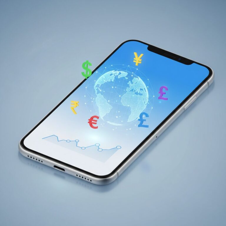 スマートフォンで海外送金を操作するイメージ画像。世界地図と通貨アイコンが描かれている。