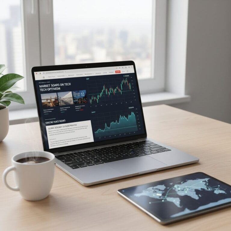 モダンなデスクにあるノートパソコンと、日経電子版をイメージした経済ニュースが表示されたタブレット。プロフェッショナルな情報収集の風景。