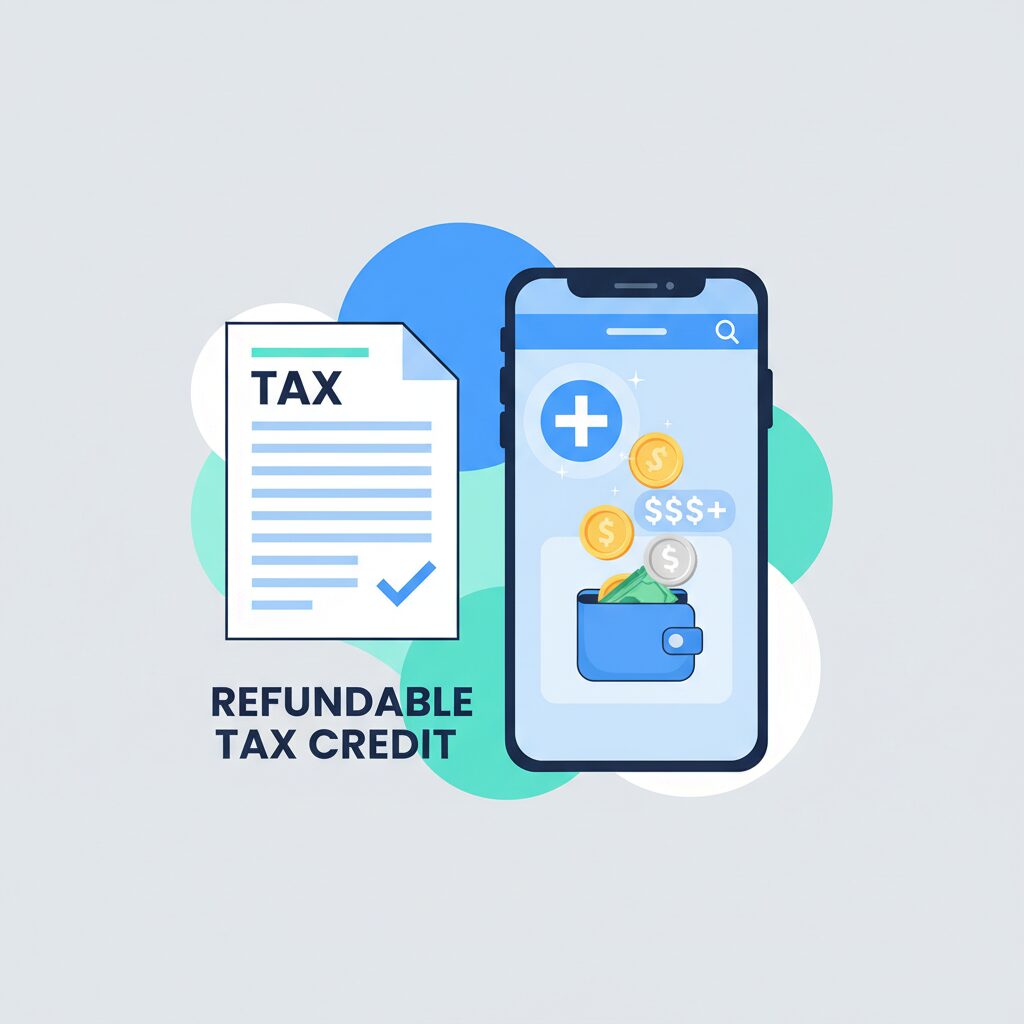 給付付き税額控除の仕組みをイメージした、スマートフォンと税金書類、コインのイラスト