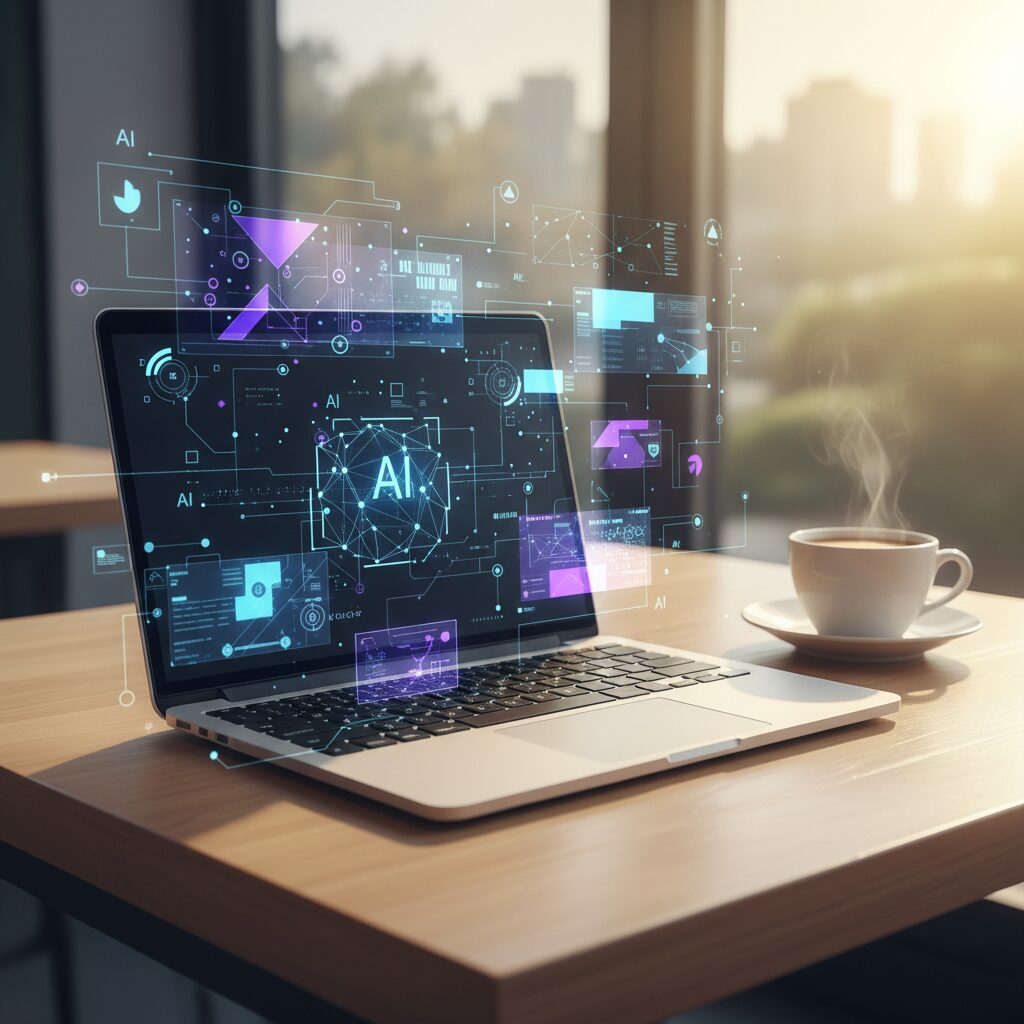 最新のノートパソコンとカフェで作業するビジネスパーソンのイメージ図。未来的なAI機能の演出が含まれている。