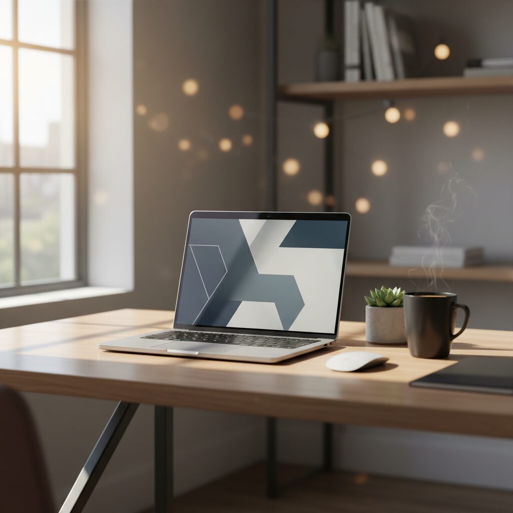 机の上に置かれた最新のノートパソコンとコーヒー、そして窓から差し込む柔らかな光が演出する洗練された作業環境のイメージ。