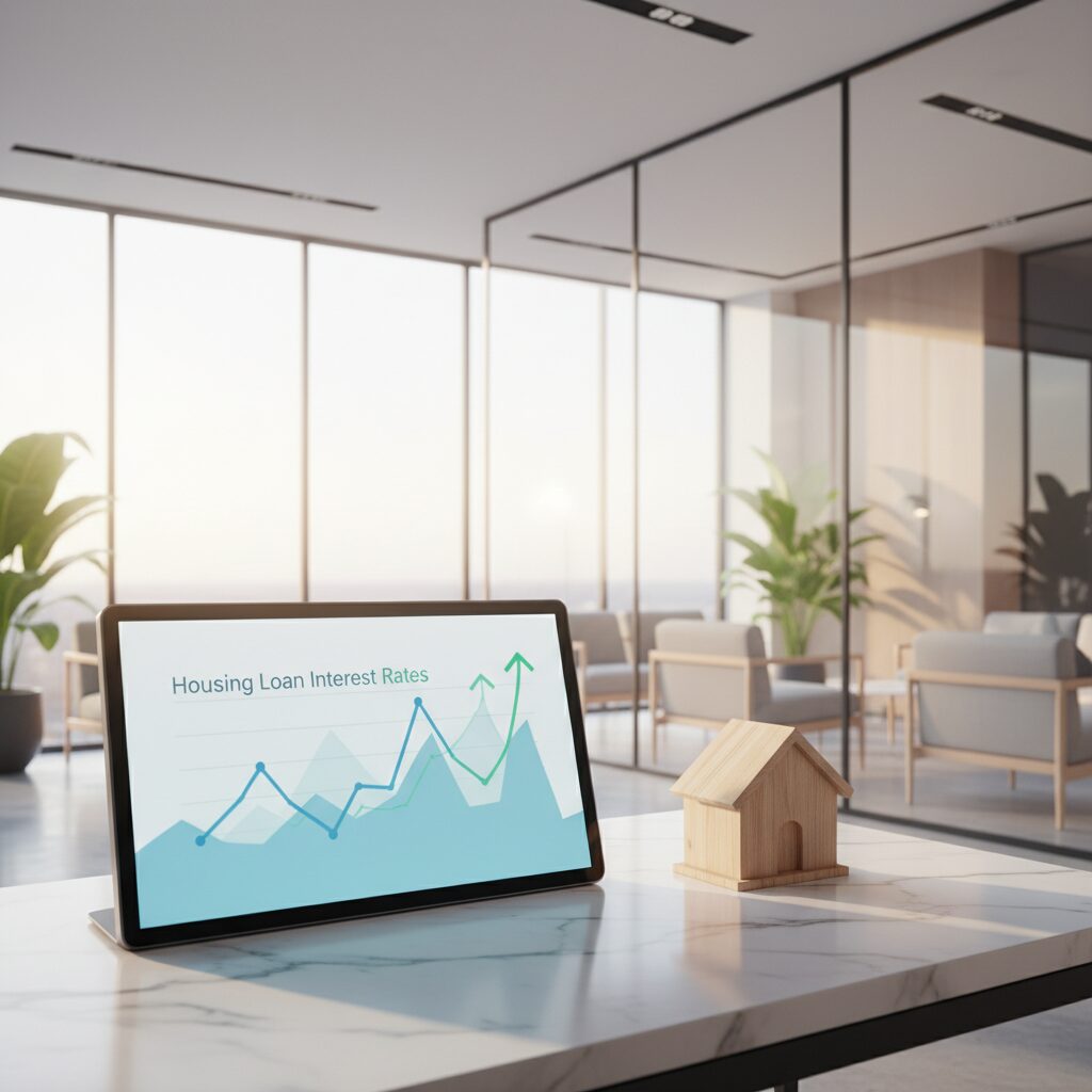 SBI新生銀行の住宅ローンを象徴する、金利グラフと家の模型、そして明るい銀行の相談窓口のイメージ