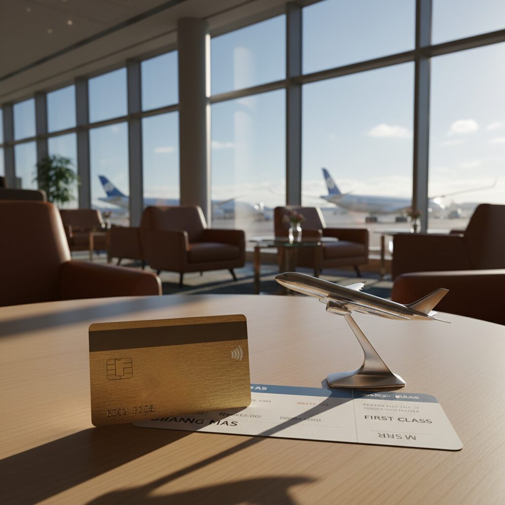 ANAカードゴールドと航空券が置かれた空港ラウンジの風景