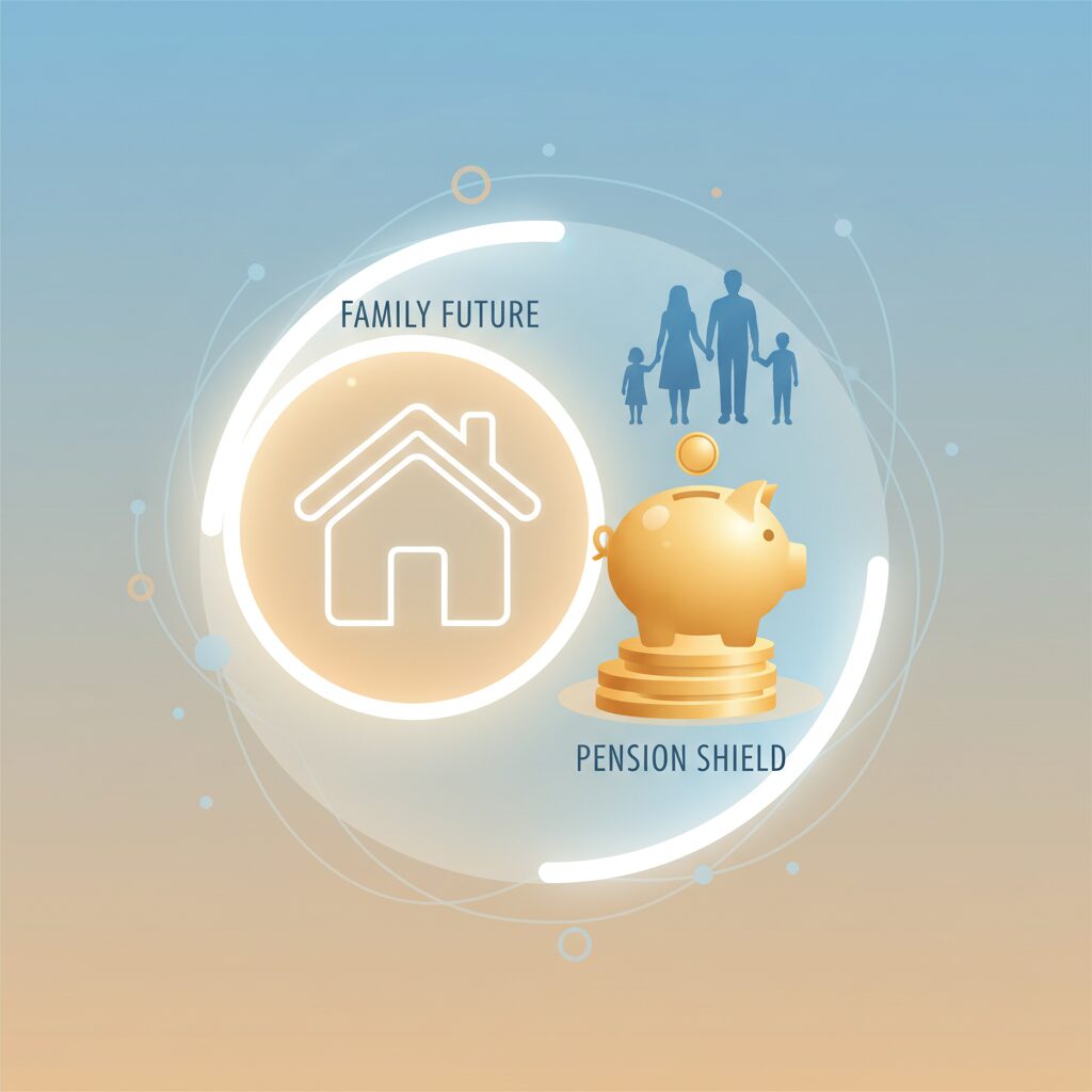 遺族年金の仕組みを視覚化した、家族と家を象徴する温かいイラスト