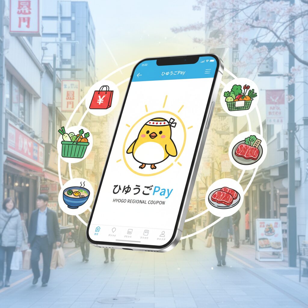 兵庫県のデジタル商品券「はばタンPay＋」をイメージしたスマートフォンアプリと買い物のイラスト