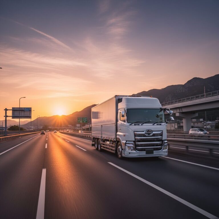 夕暮れの高速道路を走る大型トラックの様子。物流の力強さと高収入への道を象徴するイメージ。