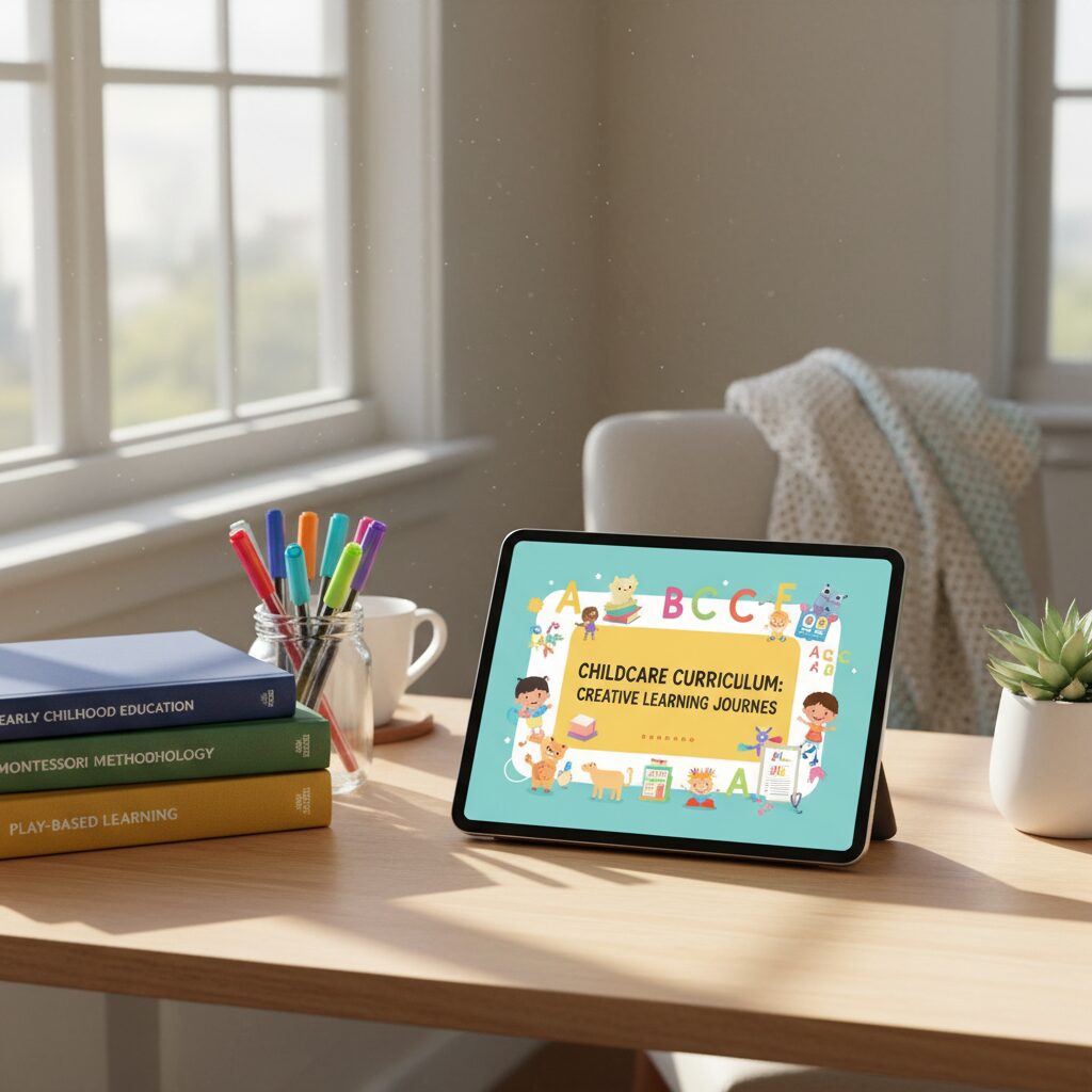 明るい室内でタブレットとテキストを使い、保育士資格の勉強に励むデスクの様子