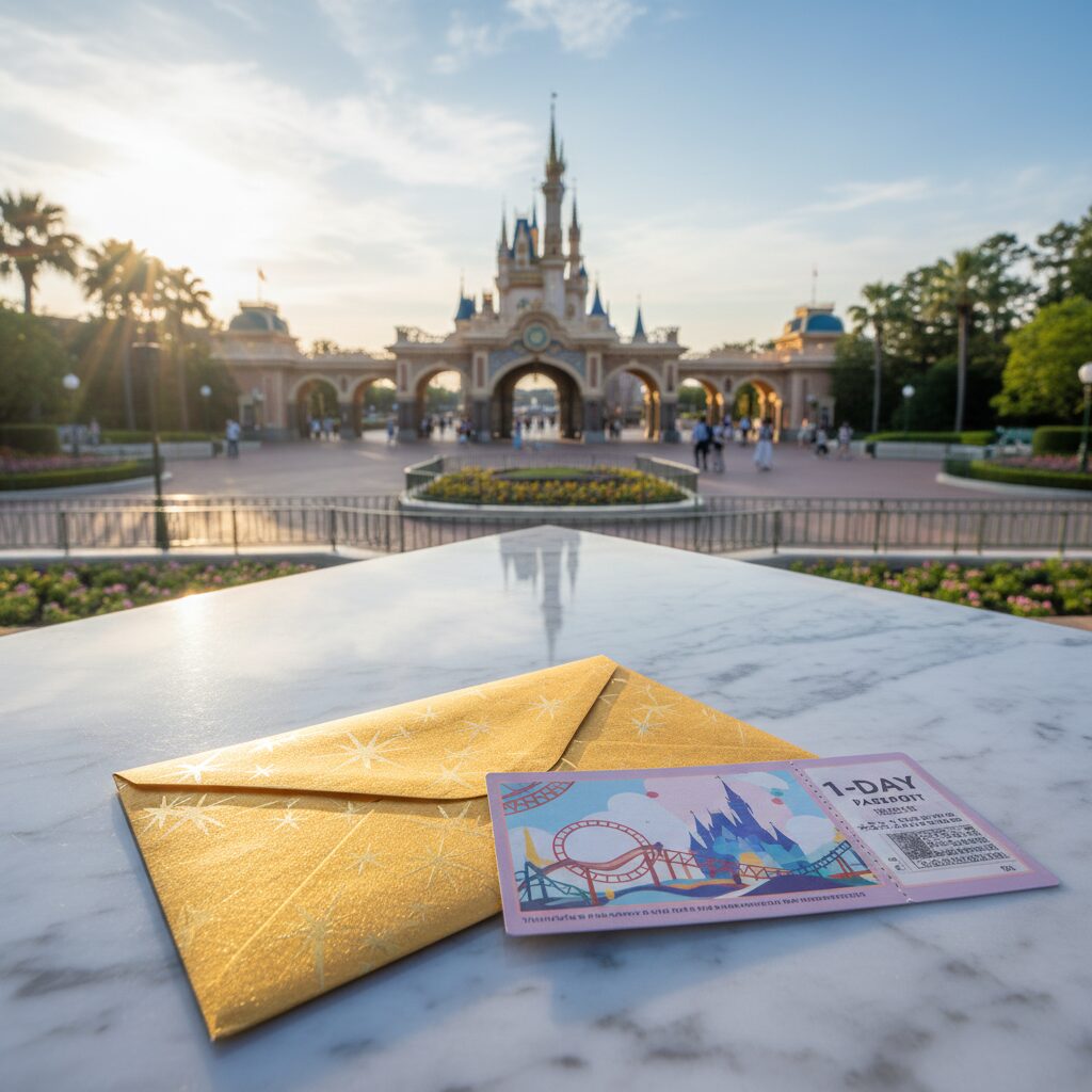 オリエンタルランドの株主優待でもらえるディズニーチケットと夢の国の入り口のイメージ